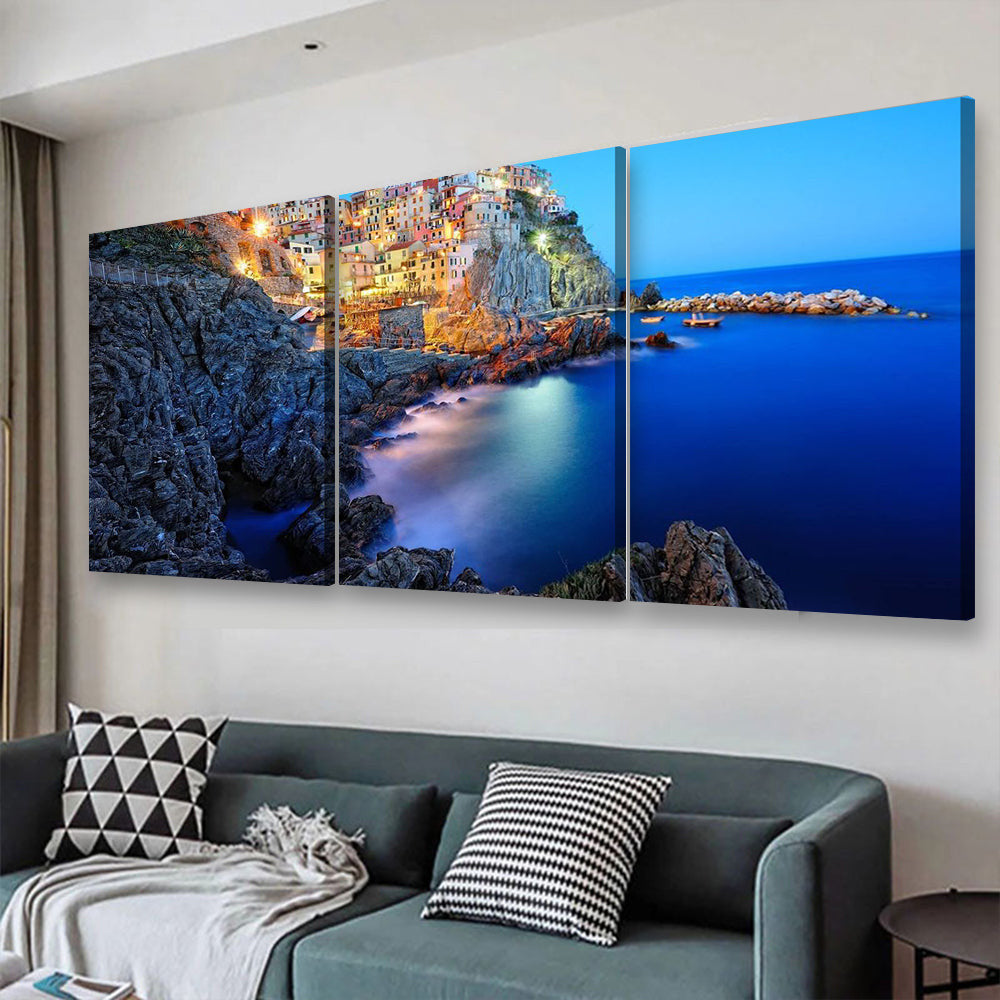 Evening In Manarola A Beautiful Village In The National Park Of Cinque Terre Italy Landscape, Multi Canvas Wall Art Ideas, Multi Pieces Canvas Prints, 3Pcs 5Pcs Multi Panel Wall Art