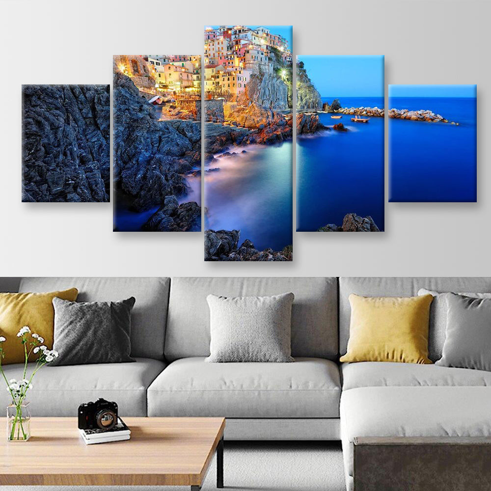 Evening In Manarola A Beautiful Village In The National Park Of Cinque Terre Italy Landscape, Multi Canvas Wall Art Ideas, Multi Pieces Canvas Prints, 3Pcs 5Pcs Multi Panel Wall Art