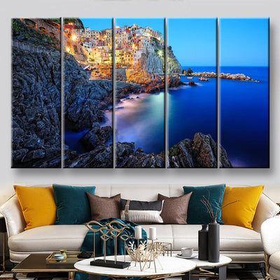 Evening In Manarola A Beautiful Village In The National Park Of Cinque Terre Italy Landscape, Multi Canvas Wall Art Ideas, Multi Pieces Canvas Prints, 3Pcs 5Pcs Multi Panel Wall Art