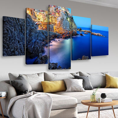 Evening In Manarola A Beautiful Village In The National Park Of Cinque Terre Italy Landscape, Multi Canvas Wall Art Ideas, Multi Pieces Canvas Prints, 3Pcs 5Pcs Multi Panel Wall Art