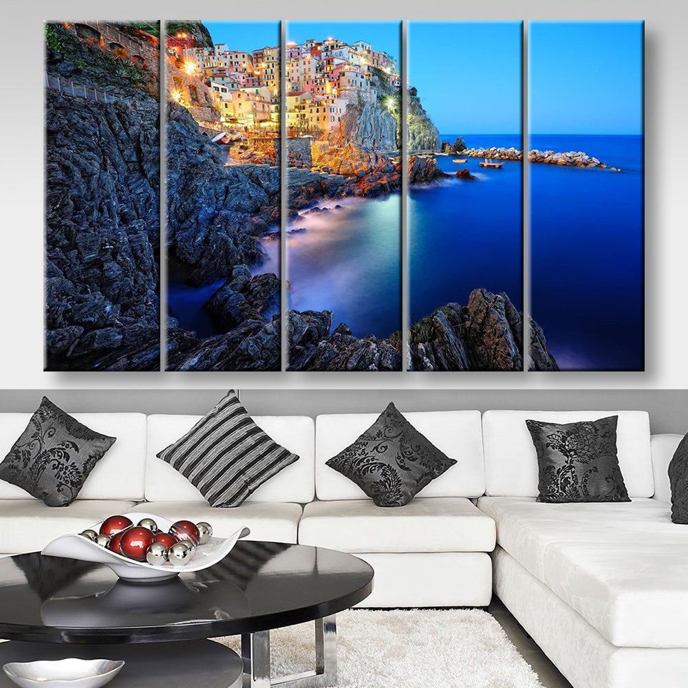 Evening In Manarola A Beautiful Village In The National Park Of Cinque Terre Italy Landscape, Multi Canvas Wall Art Ideas, Multi Pieces Canvas Prints, 3Pcs 5Pcs Multi Panel Wall Art
