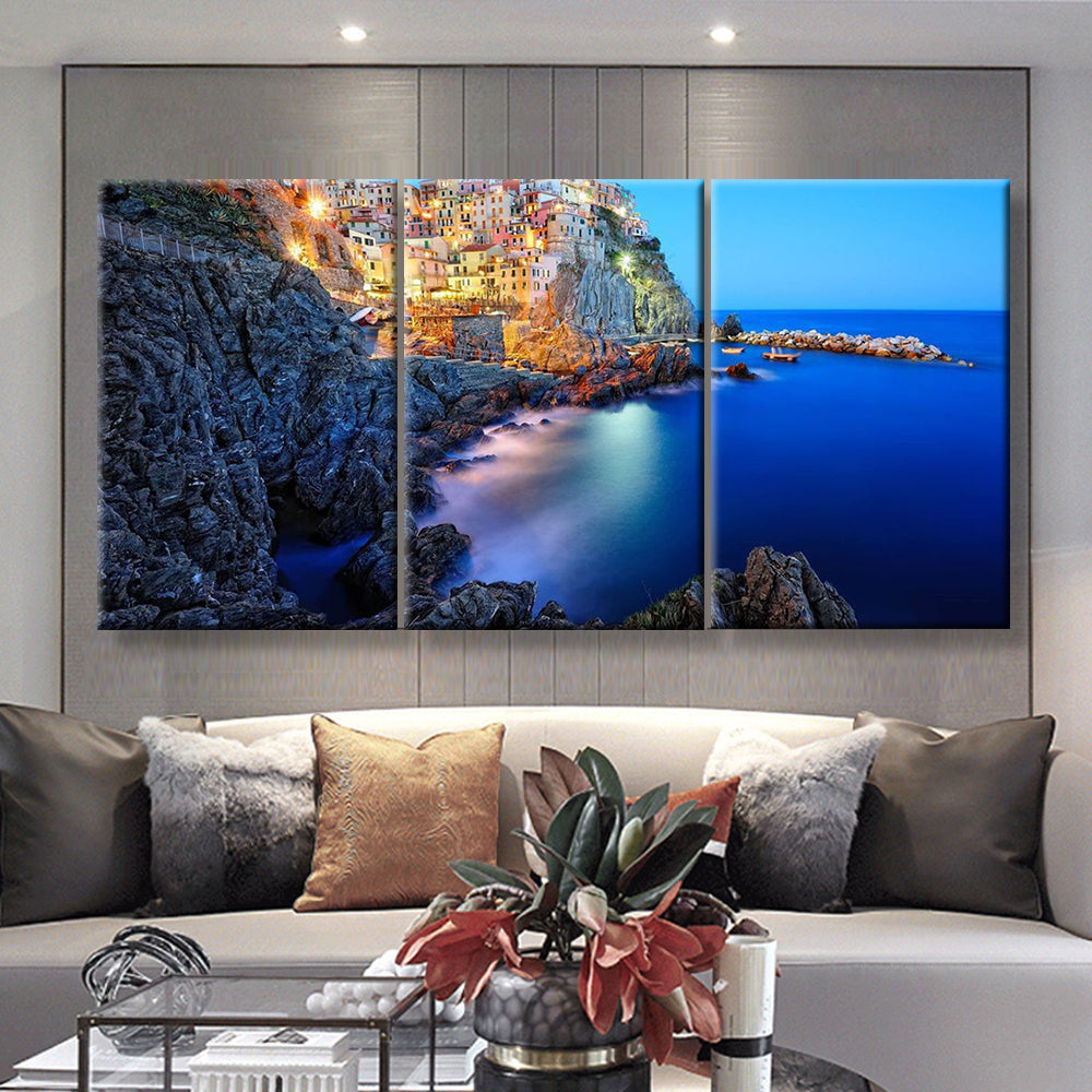 Evening In Manarola A Beautiful Village In The National Park Of Cinque Terre Italy Landscape, Multi Canvas Wall Art Ideas, Multi Pieces Canvas Prints, 3Pcs 5Pcs Multi Panel Wall Art