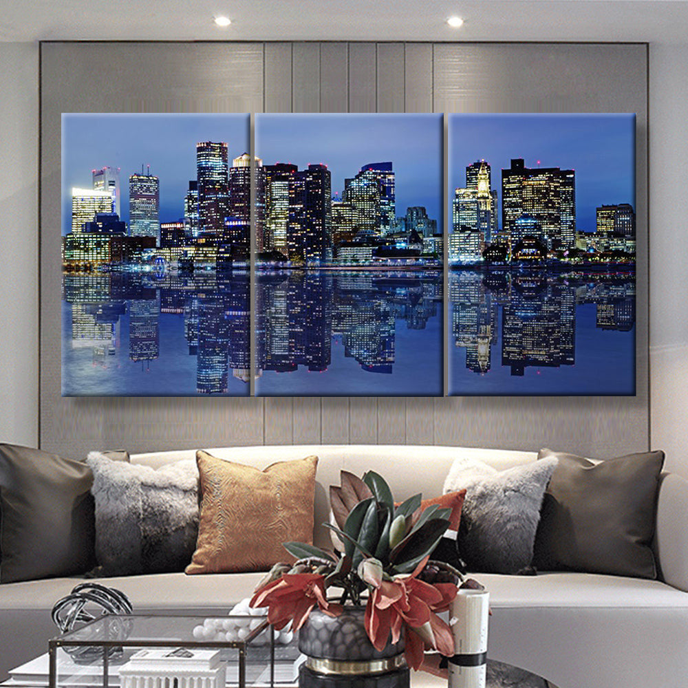 Boston Skyline 2 Landscape, Multi Canvas Wall Art Ideas, Multi Pieces Canvas Prints, 3Pcs 5Pcs Multi Panel Wall Art