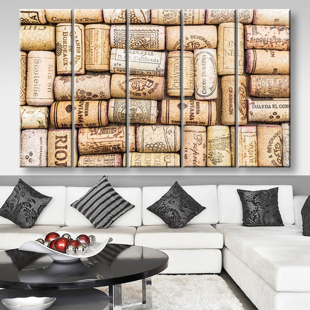 Closeup Pattern Background Of Many Different Wine Corks Landscape, Multi Canvas Wall Art Ideas, Multi Pieces Canvas Prints, 3Pcs 5Pcs Multi Panel Wall Art