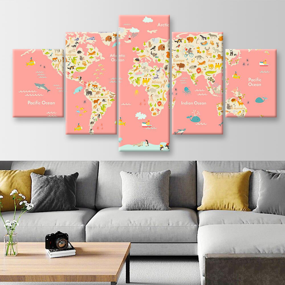 Nursery World Map World Map, Multi Canvas Wall Art Ideas, Multi Pieces Canvas Prints, 3Pcs 5Pcs Multi Panel Wall Art