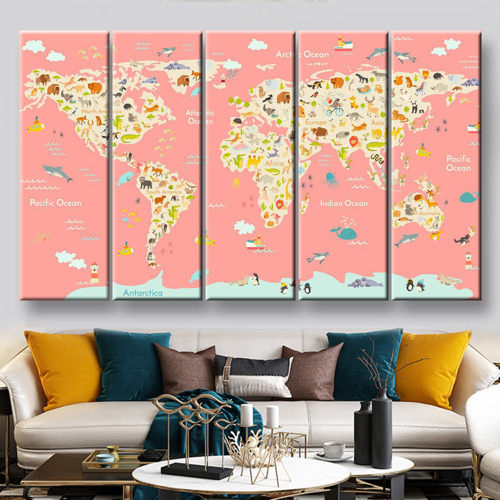 Nursery World Map World Map, Multi Canvas Wall Art Ideas, Multi Pieces Canvas Prints, 3Pcs 5Pcs Multi Panel Wall Art