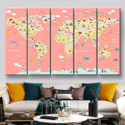 Nursery World Map World Map, Multi Canvas Wall Art Ideas, Multi Pieces Canvas Prints, 3Pcs 5Pcs Multi Panel Wall Art