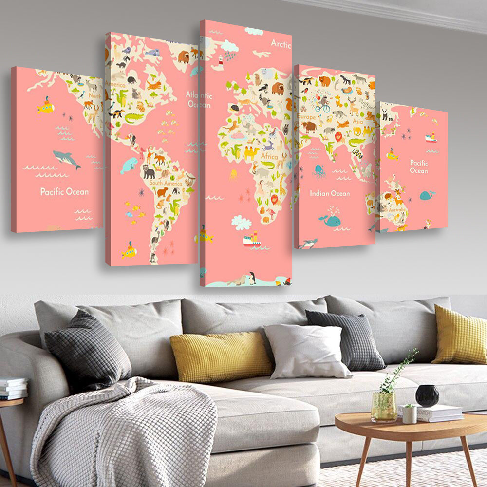Nursery World Map World Map, Multi Canvas Wall Art Ideas, Multi Pieces Canvas Prints, 3Pcs 5Pcs Multi Panel Wall Art