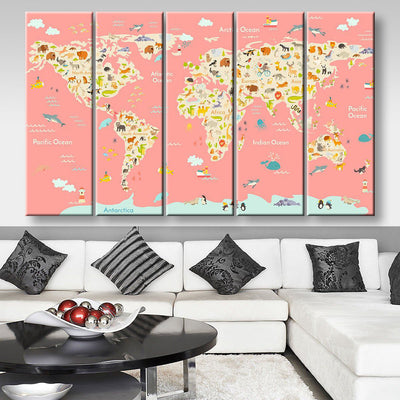 Nursery World Map World Map, Multi Canvas Wall Art Ideas, Multi Pieces Canvas Prints, 3Pcs 5Pcs Multi Panel Wall Art