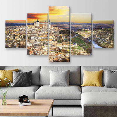 Beautiful Sunset Over Old Toledo Spain Landscape, Multi Canvas Wall Art Ideas, Multi Pieces Canvas Prints, 3Pcs 5Pcs Multi Panel Wall Art