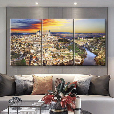 Beautiful Sunset Over Old Toledo Spain Landscape, Multi Canvas Wall Art Ideas, Multi Pieces Canvas Prints, 3Pcs 5Pcs Multi Panel Wall Art