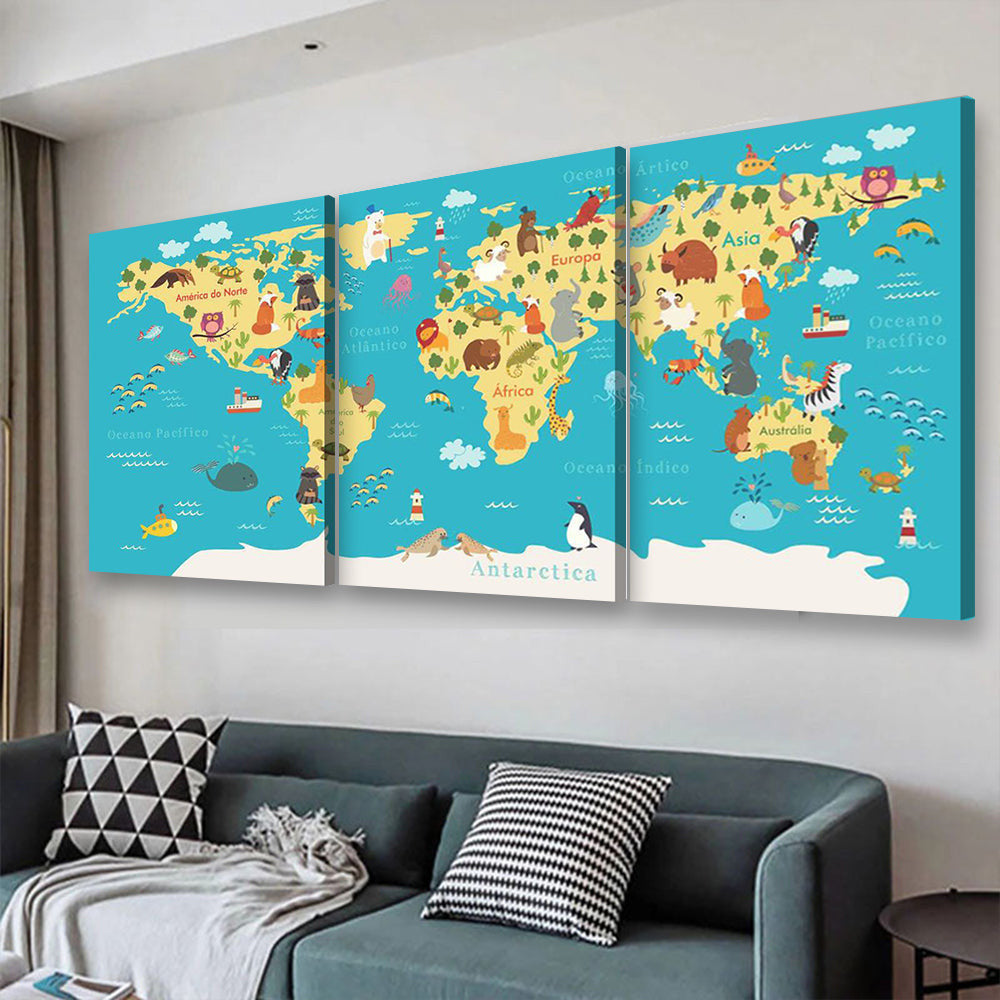 Animals World Map For Kids Room World Map, Multi Canvas Wall Art Ideas, Multi Pieces Canvas Prints, 3Pcs 5Pcs Multi Panel Wall Art