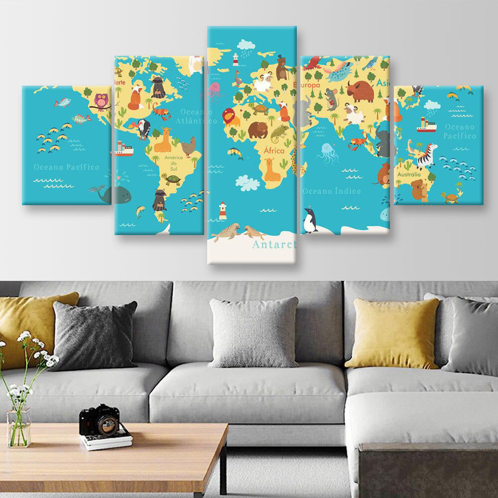 Animals World Map For Kids Room World Map, Multi Canvas Wall Art Ideas, Multi Pieces Canvas Prints, 3Pcs 5Pcs Multi Panel Wall Art