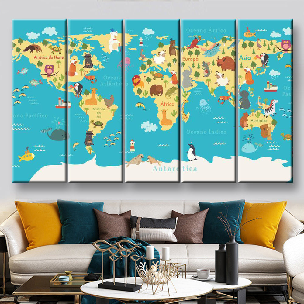 Animals World Map For Kids Room World Map, Multi Canvas Wall Art Ideas, Multi Pieces Canvas Prints, 3Pcs 5Pcs Multi Panel Wall Art