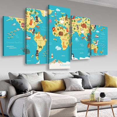 Animals World Map For Kids Room World Map, Multi Canvas Wall Art Ideas, Multi Pieces Canvas Prints, 3Pcs 5Pcs Multi Panel Wall Art