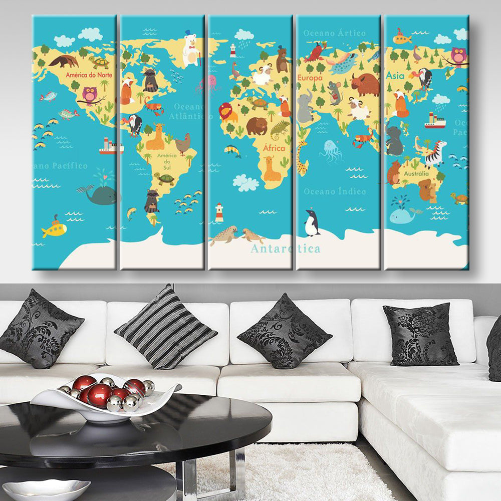 Animals World Map For Kids Room World Map, Multi Canvas Wall Art Ideas, Multi Pieces Canvas Prints, 3Pcs 5Pcs Multi Panel Wall Art