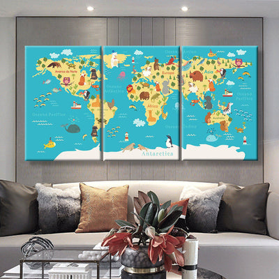 Animals World Map For Kids Room World Map, Multi Canvas Wall Art Ideas, Multi Pieces Canvas Prints, 3Pcs 5Pcs Multi Panel Wall Art