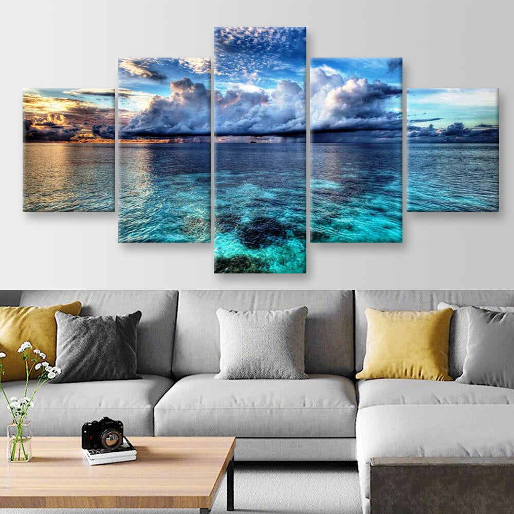 Cloudy Beach Landscape, Multi Canvas Wall Art Ideas, Multi Pieces Canvas Prints, 3Pcs 5Pcs Multi Panel Wall Art