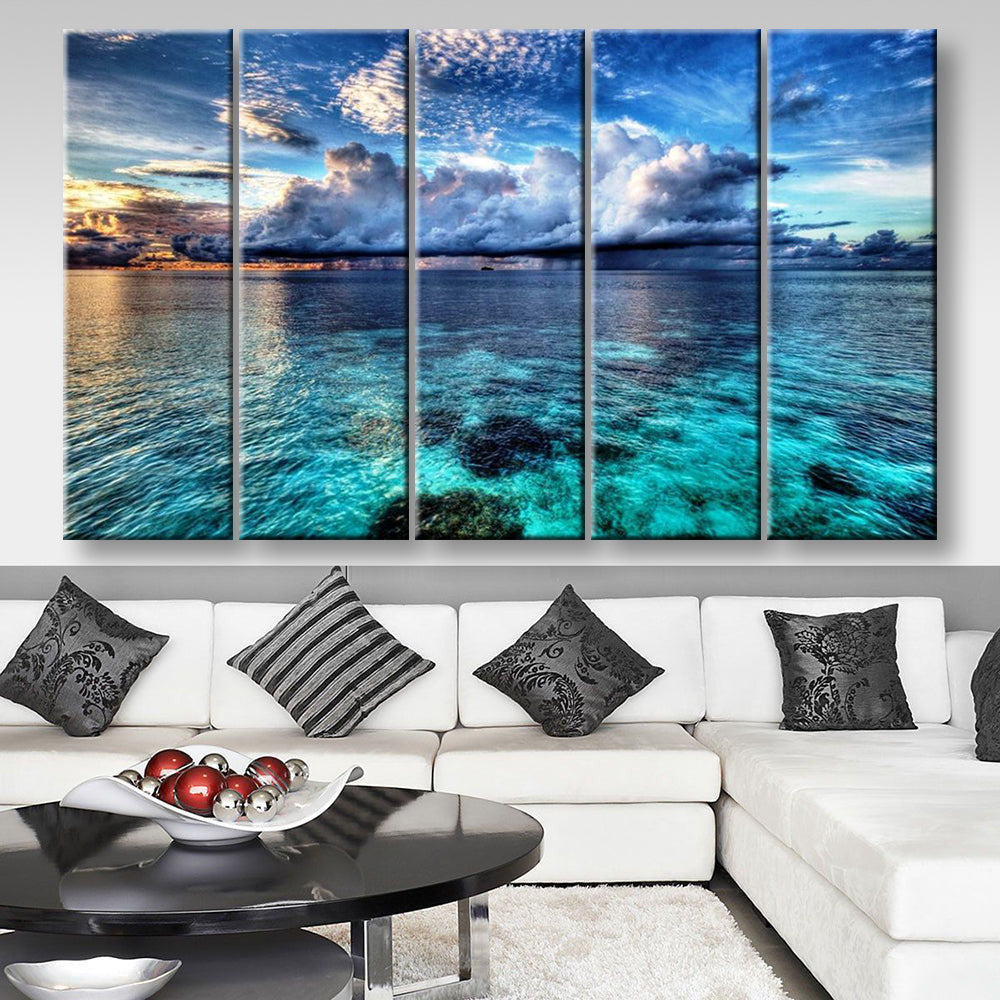 Cloudy Beach Landscape, Multi Canvas Wall Art Ideas, Multi Pieces Canvas Prints, 3Pcs 5Pcs Multi Panel Wall Art