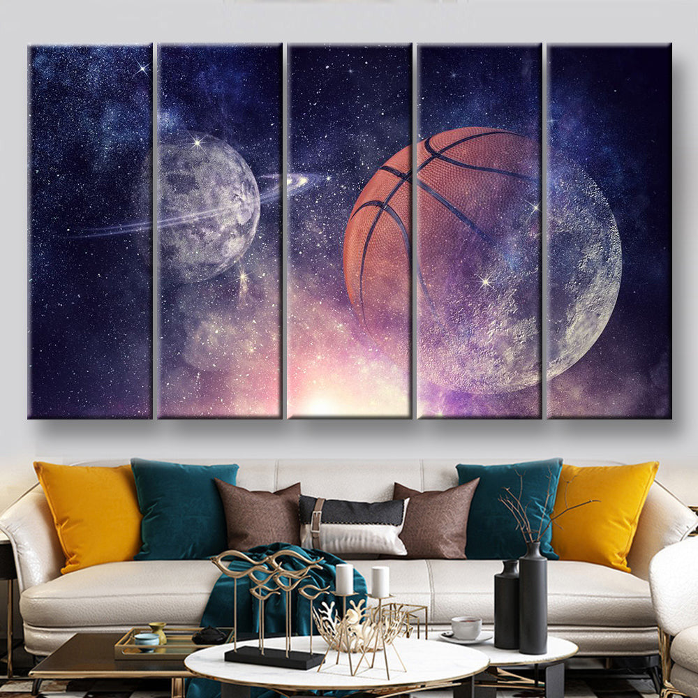 Abstract Basketball And Planets Starry Sky Night View, Multi Canvas Wall Art Ideas, Multi Pieces Canvas Prints, 3Pcs 5Pcs Multi Panel Wall Art