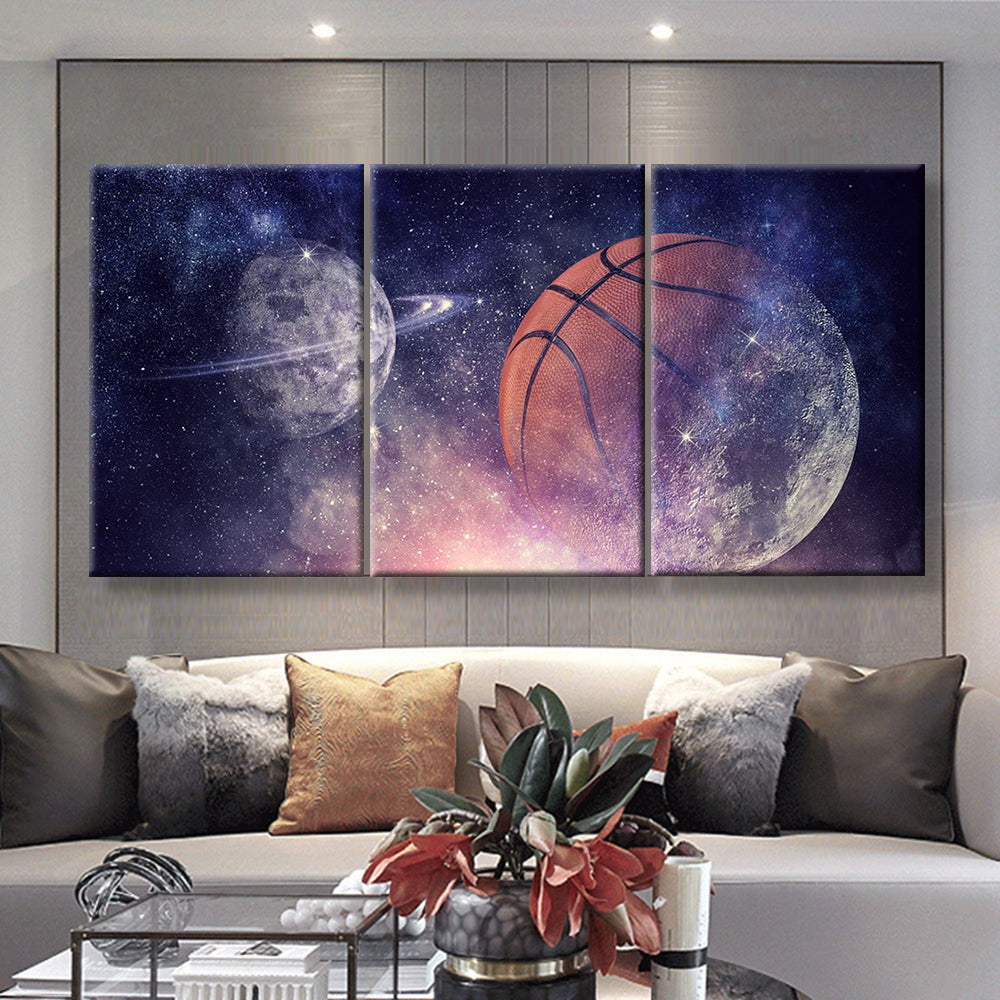 Abstract Basketball And Planets Starry Sky Night View, Multi Canvas Wall Art Ideas, Multi Pieces Canvas Prints, 3Pcs 5Pcs Multi Panel Wall Art