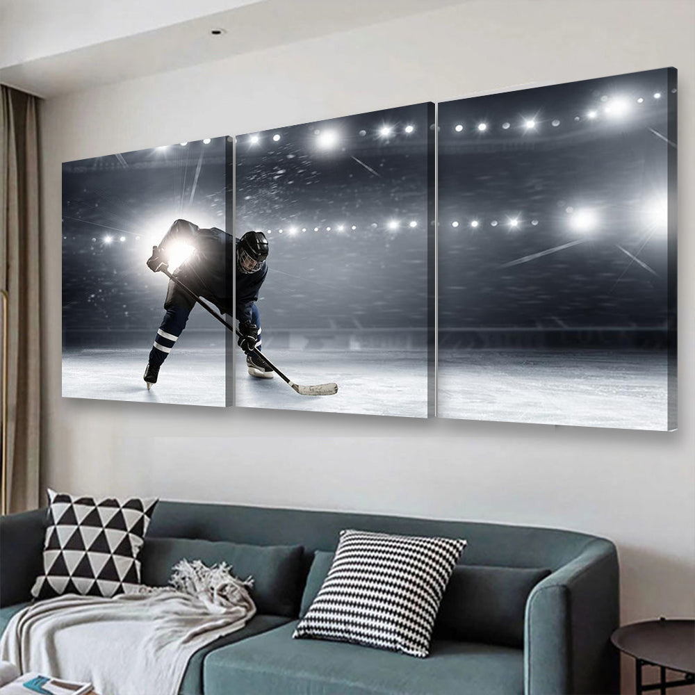 Hockey Player In Lights At Ice Rink, Multi Canvas Wall Art Ideas, Multi Pieces Canvas Prints, 3Pcs 5Pcs Multi Panel Wall Art