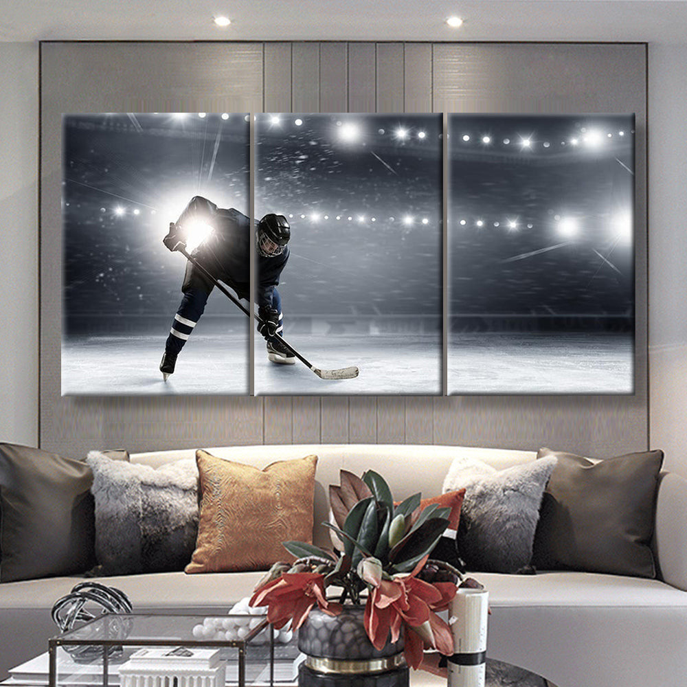 Hockey Player In Lights At Ice Rink, Multi Canvas Wall Art Ideas, Multi Pieces Canvas Prints, 3Pcs 5Pcs Multi Panel Wall Art