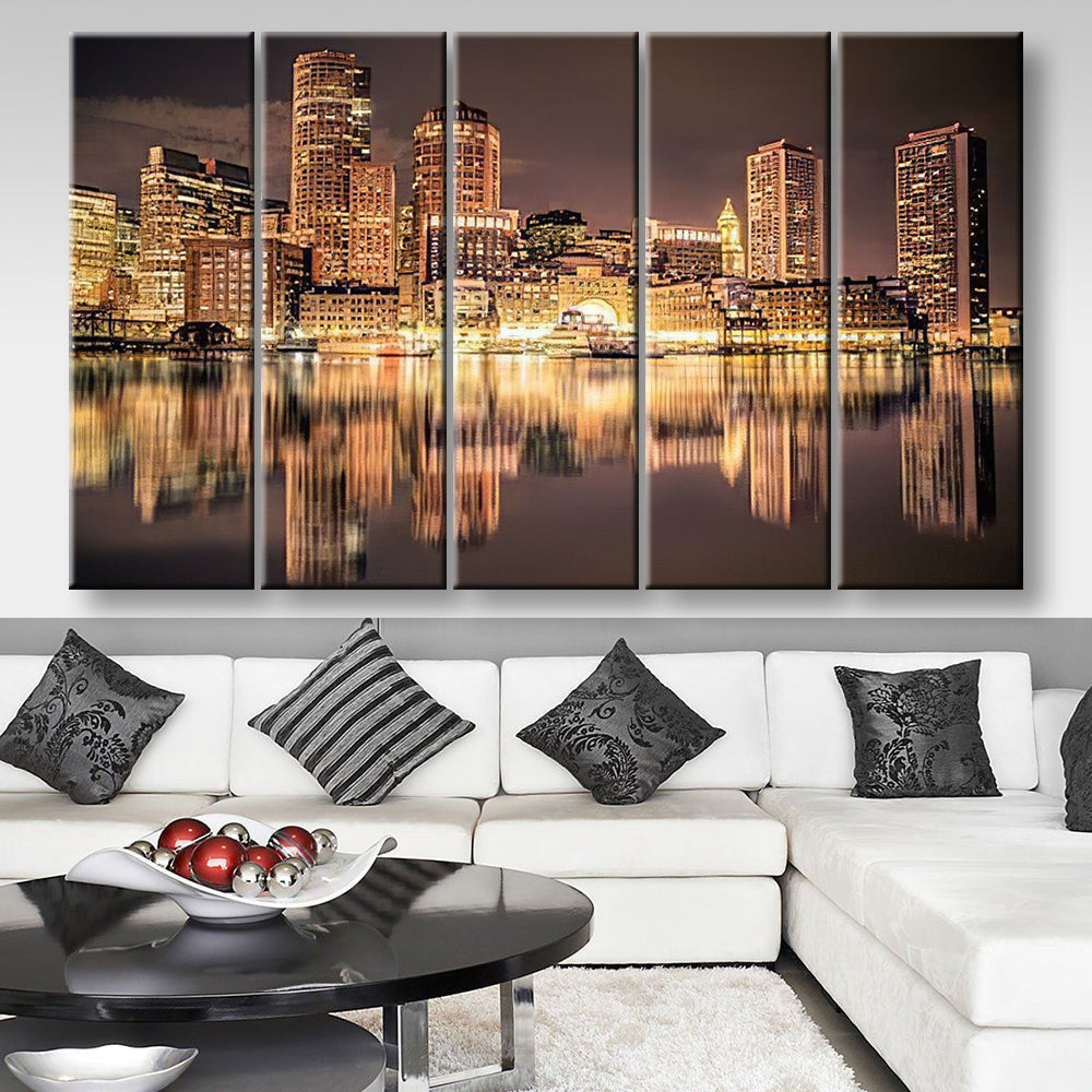 Boston Skyline Landscape, Multi Canvas Wall Art Ideas, Multi Pieces Canvas Prints, 3Pcs 5Pcs Multi Panel Wall Art