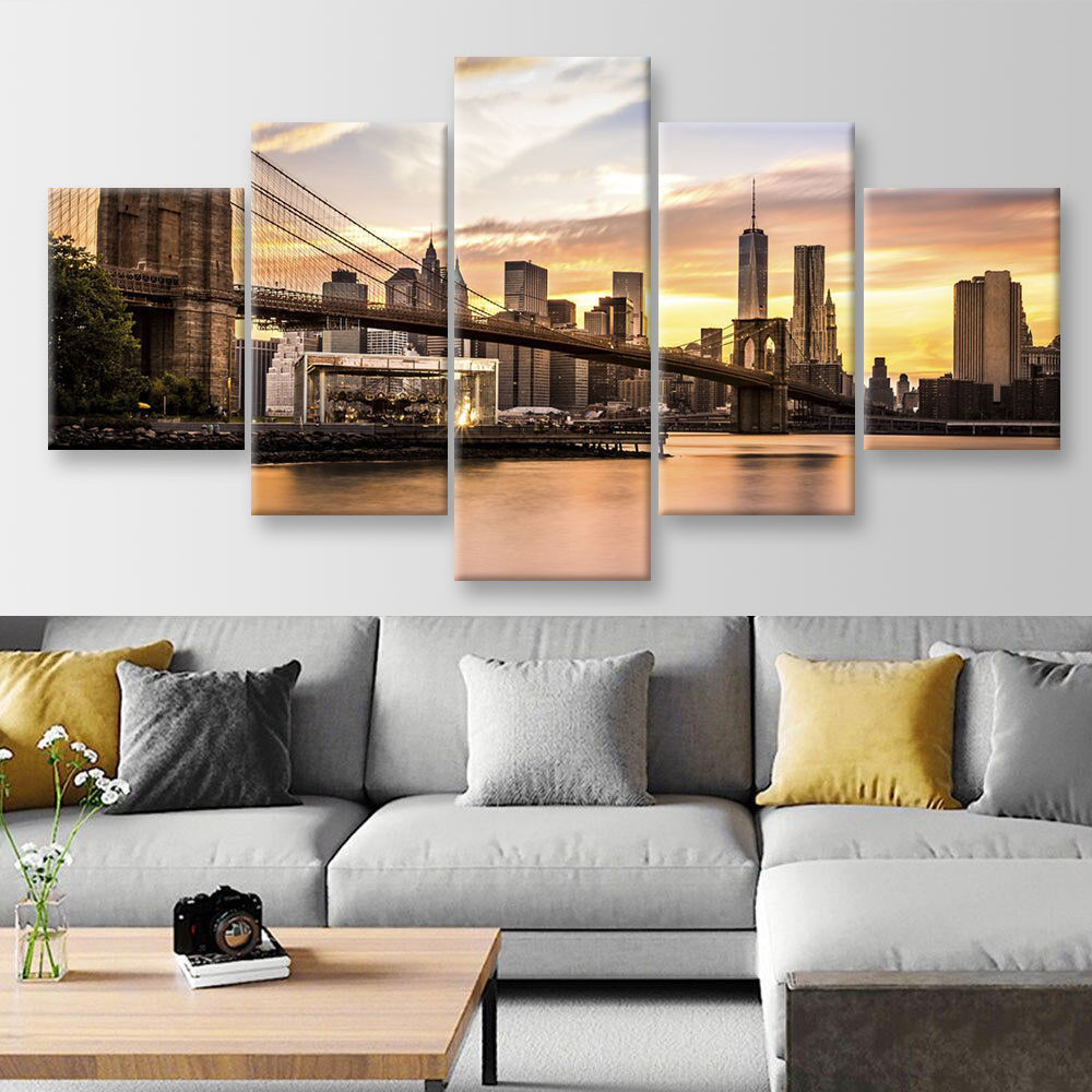 Brooklyn Bridge 2 Landscape, Multi Canvas Wall Art Ideas, Multi Pieces Canvas Prints, 3Pcs 5Pcs Multi Panel Wall Art