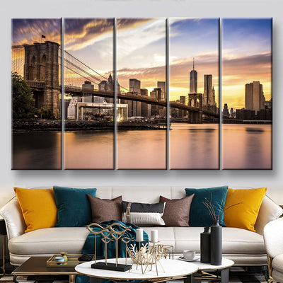 Brooklyn Bridge 2 Landscape, Multi Canvas Wall Art Ideas, Multi Pieces Canvas Prints, 3Pcs 5Pcs Multi Panel Wall Art