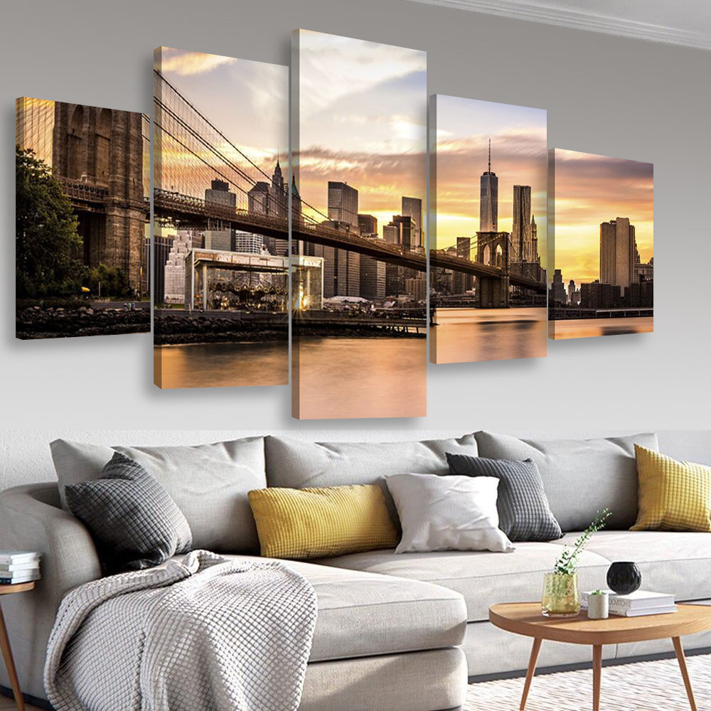 Brooklyn Bridge 2 Landscape, Multi Canvas Wall Art Ideas, Multi Pieces Canvas Prints, 3Pcs 5Pcs Multi Panel Wall Art