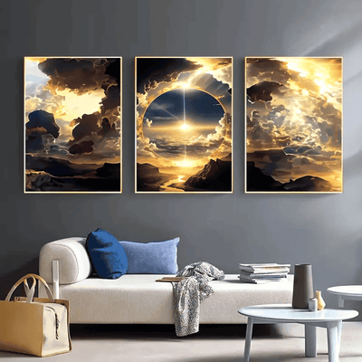 3pcs, Modern Abstract Art Posters And Prints, Sunset, Sky, White Clouds, Mountains And Rivers, Canvas Oil Painting, Natural Landscape, Home Decor, Wall Decor For Living Room & Bedroom, Wall Art