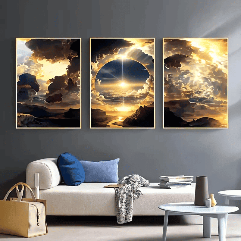 3pcs, Modern Abstract Art Posters And Prints, Sunset, Sky, White Clouds, Mountains And Rivers, Canvas Oil Painting, Natural Landscape, Home Decor, Wall Decor For Living Room & Bedroom, Wall Art