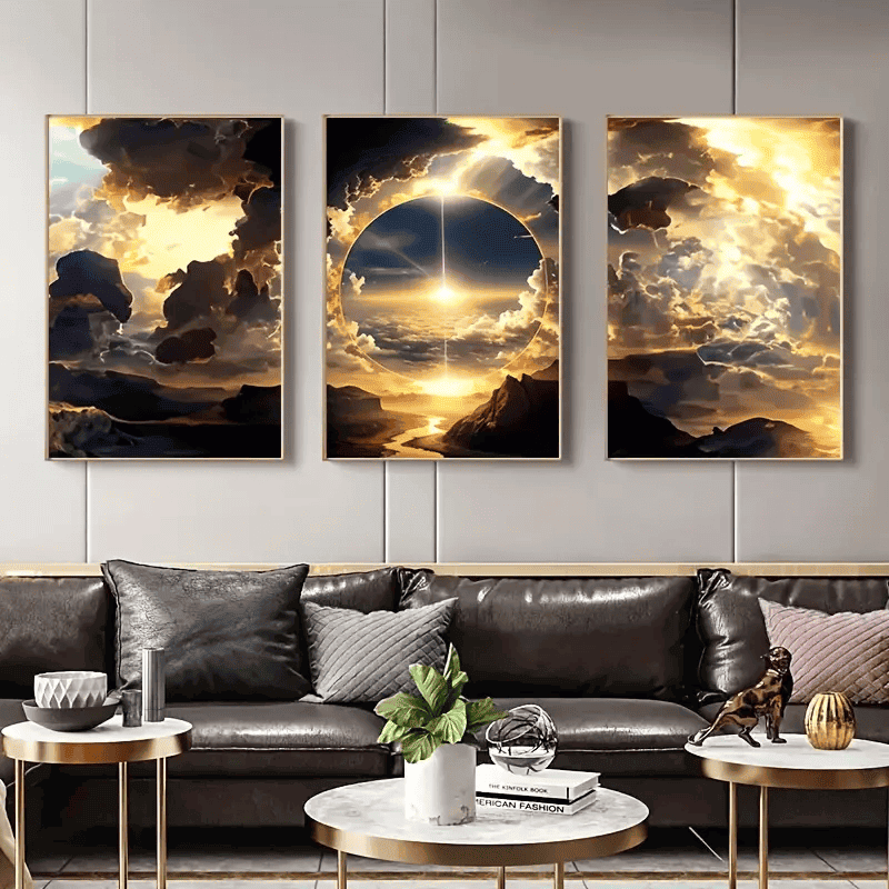 3pcs, Modern Abstract Art Posters And Prints, Sunset, Sky, White Clouds, Mountains And Rivers, Canvas Oil Painting, Natural Landscape, Home Decor, Wall Decor For Living Room & Bedroom, Wall Art