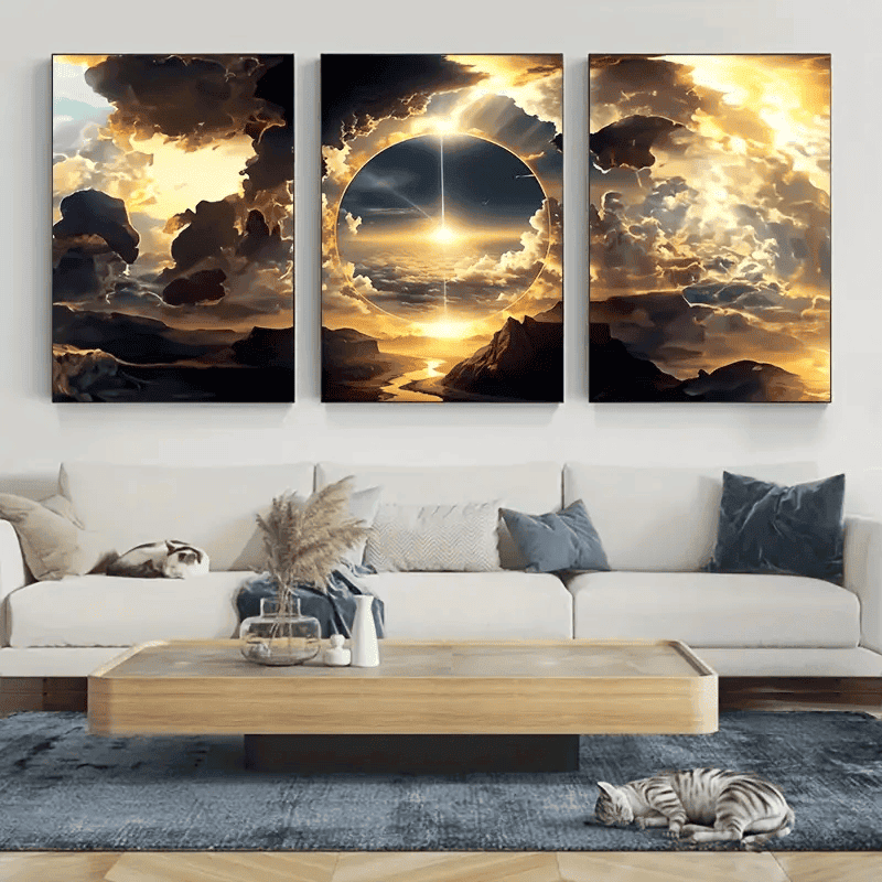 3pcs, Modern Abstract Art Posters And Prints, Sunset, Sky, White Clouds, Mountains And Rivers, Canvas Oil Painting, Natural Landscape, Home Decor, Wall Decor For Living Room & Bedroom, Wall Art