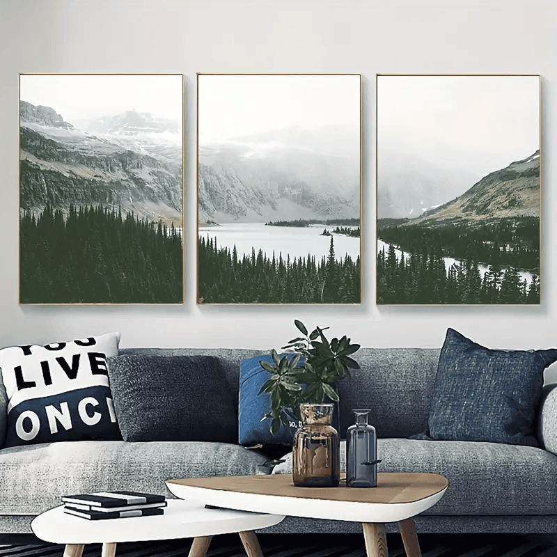 3pcs Mountain Forest Lake Natural Landscape Painting, Canvas Poster, Print Nordic Style Wall Art Picture, Modern Living Room Decoration