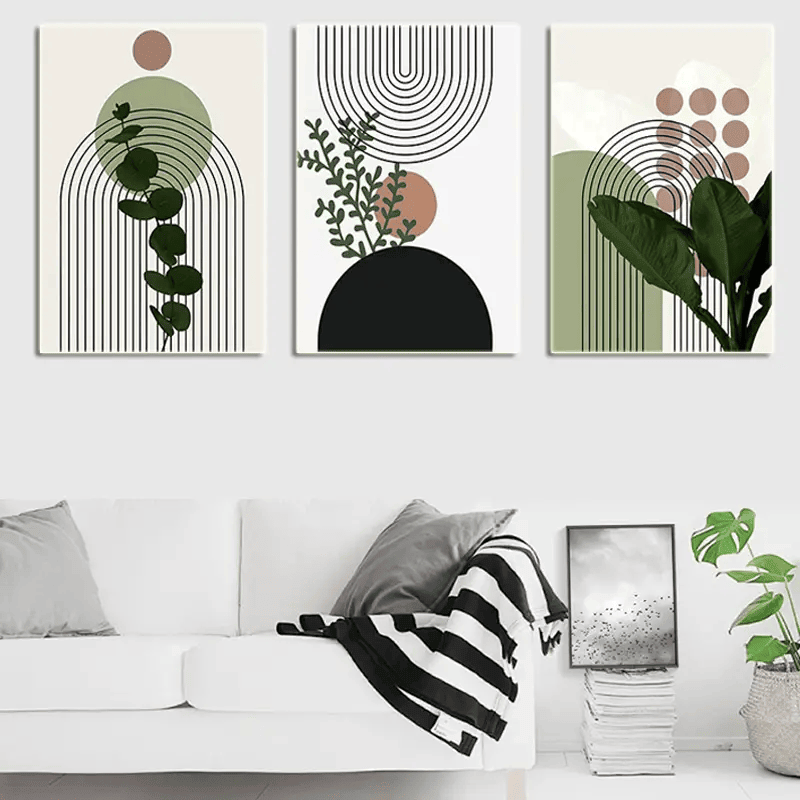 3pcs Nordic Geometry HD Canvas Art Poster, Fresh Plant Art Decor Painting For Living Room, Bedroom, Kids Room, Dormitory Decor, Wall Pictures For Home Decor