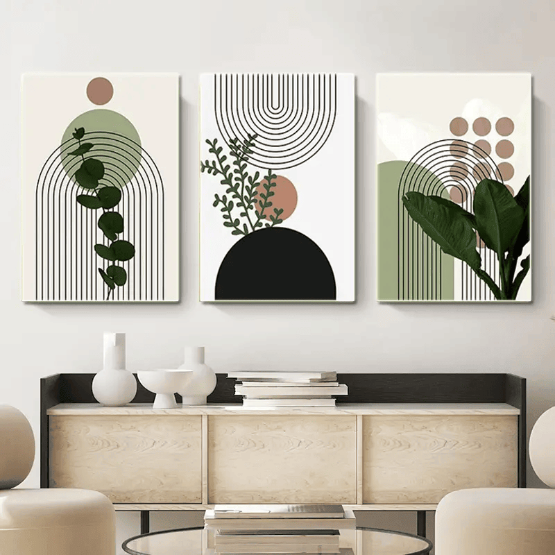 3pcs Nordic Geometry HD Canvas Art Poster, Fresh Plant Art Decor Painting For Living Room, Bedroom, Kids Room, Dormitory Decor, Wall Pictures For Home Decor