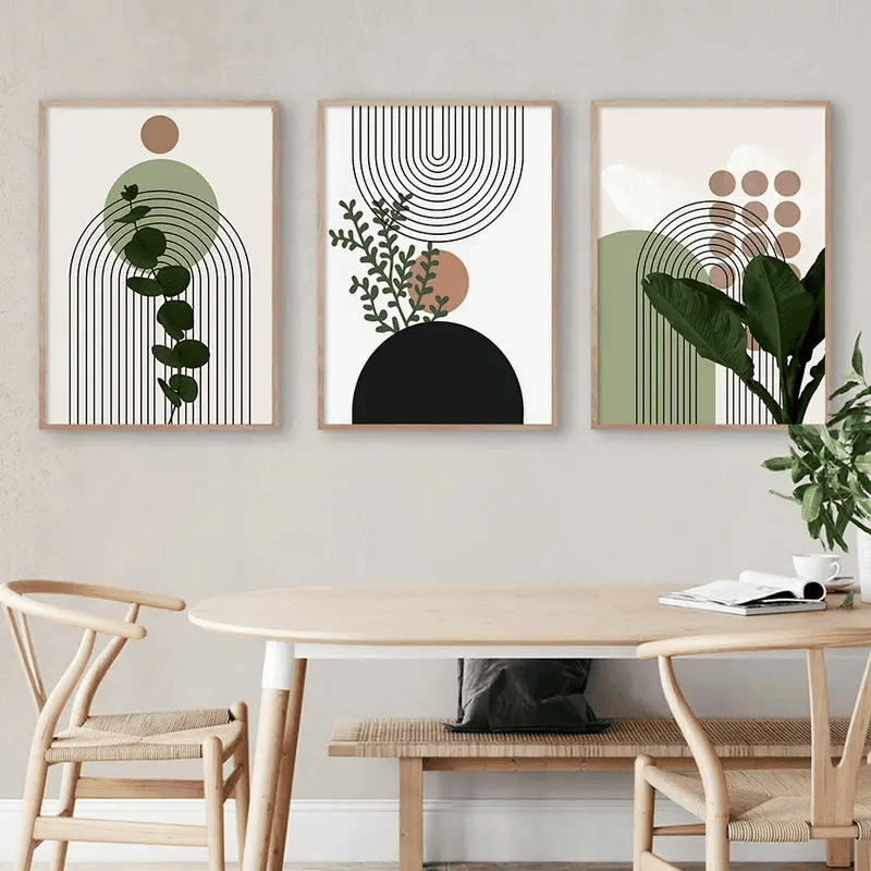 3pcs Nordic Geometry HD Canvas Art Poster, Fresh Plant Art Decor Painting For Living Room, Bedroom, Kids Room, Dormitory Decor, Wall Pictures For Home Decor