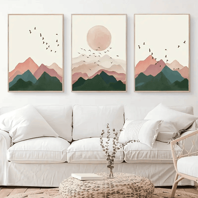 3pcs/set Canvas Poster, Modern Art, Boho Mountain Birds Sunset Poster Aesthetic Nordic Sunrise Landscape Art Painting, Ideal Gift For Bedroom Living Room Corridor