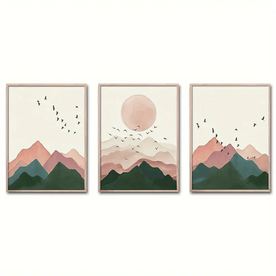 3pcs/set Canvas Poster, Modern Art, Boho Mountain Birds Sunset Poster Aesthetic Nordic Sunrise Landscape Art Painting, Ideal Gift For Bedroom Living Room Corridor