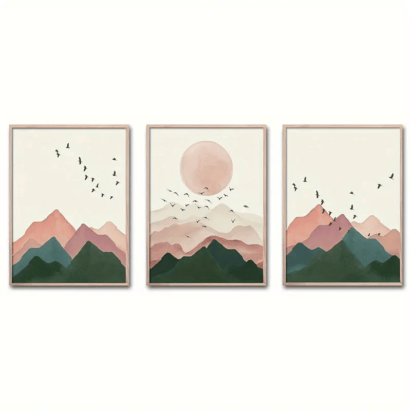 3pcs/set Canvas Poster, Modern Art, Boho Mountain Birds Sunset Poster Aesthetic Nordic Sunrise Landscape Art Painting, Ideal Gift For Bedroom Living Room Corridor