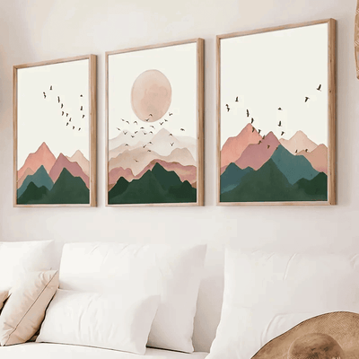 3pcs/set Canvas Poster, Modern Art, Boho Mountain Birds Sunset Poster Aesthetic Nordic Sunrise Landscape Art Painting, Ideal Gift For Bedroom Living Room Corridor