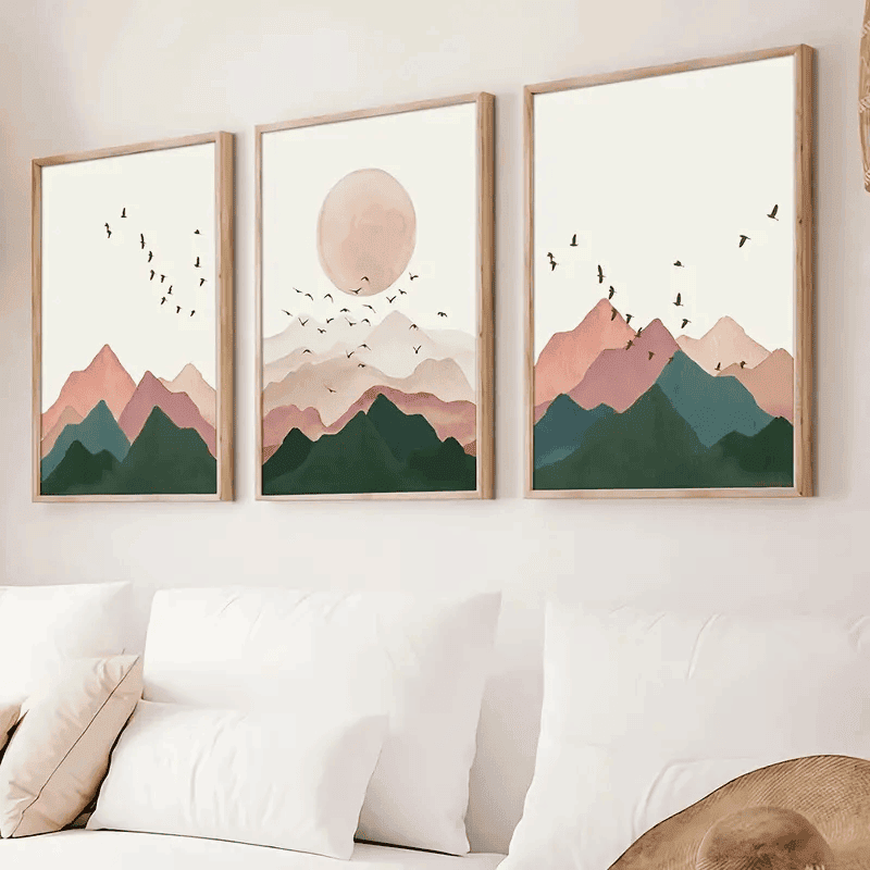 3pcs/set Canvas Poster, Modern Art, Boho Mountain Birds Sunset Poster Aesthetic Nordic Sunrise Landscape Art Painting, Ideal Gift For Bedroom Living Room Corridor