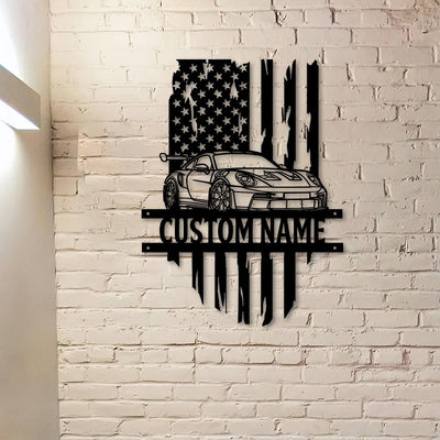 911 992 GT3 RS Angle Silhouette Metal Wall Art Custom Car Personalized Garage Name American Flag Wall Decor Gift for Men Dad Husband