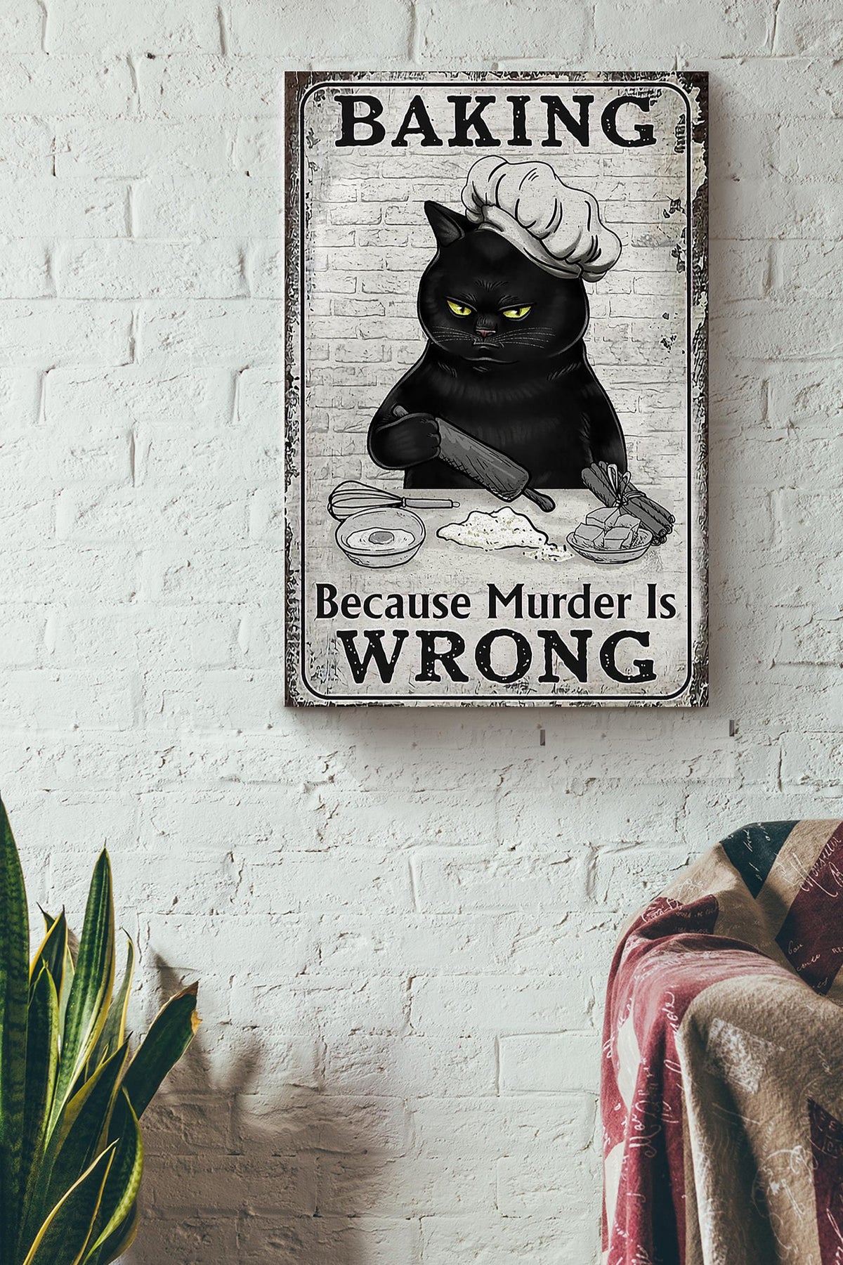 Baking Because Murder Is Wrong Bakery Wall Art Gift For Cake Lover Bakery Decor Cat Foster Canvas Framed Prints, Canvas