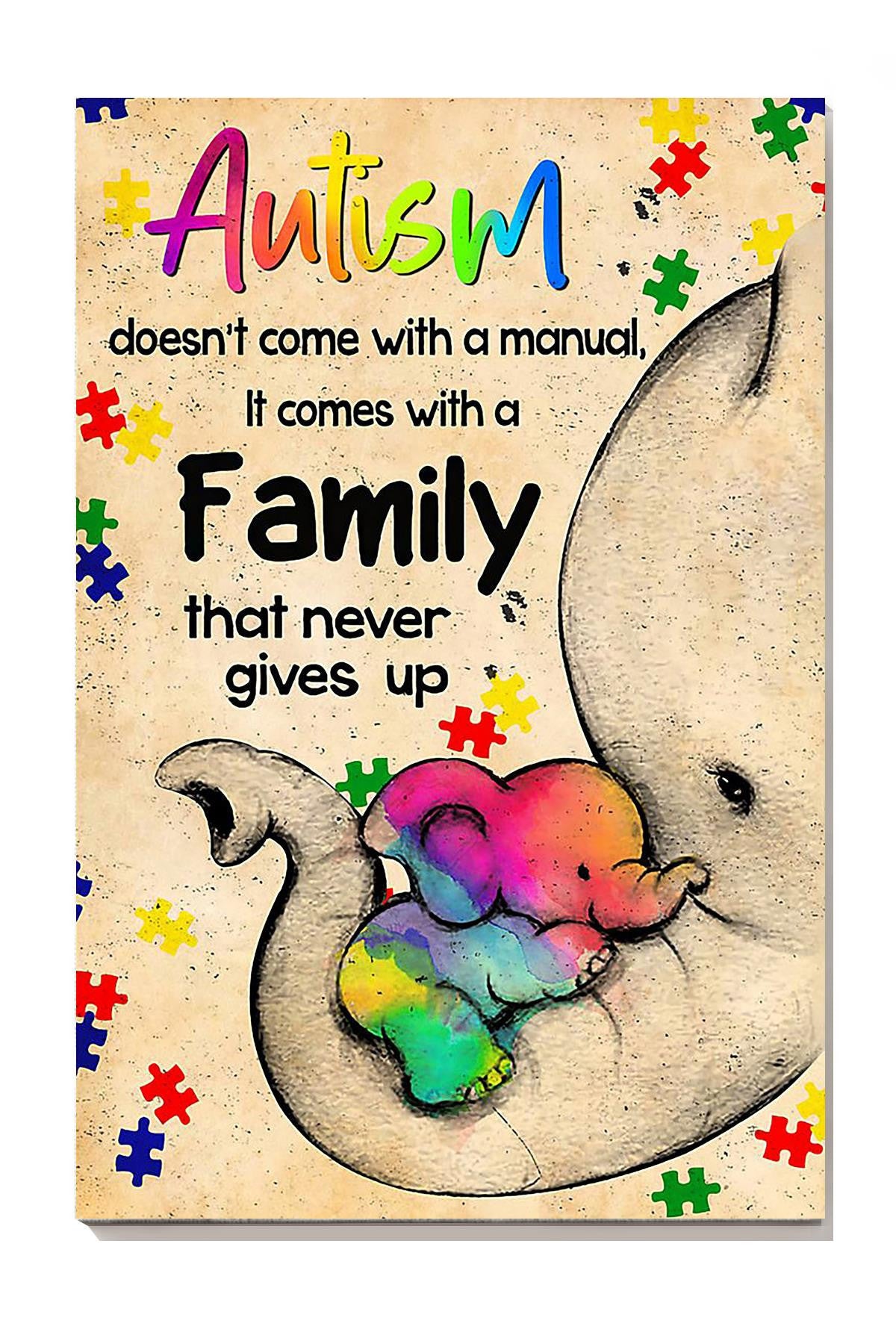 Autism Family Never Gives Up Motivation Quote Wall Art For Autism Awareness Canvas Gallery Wrapped Canvas Framed Gift Idea Framed Prints, Canvas
