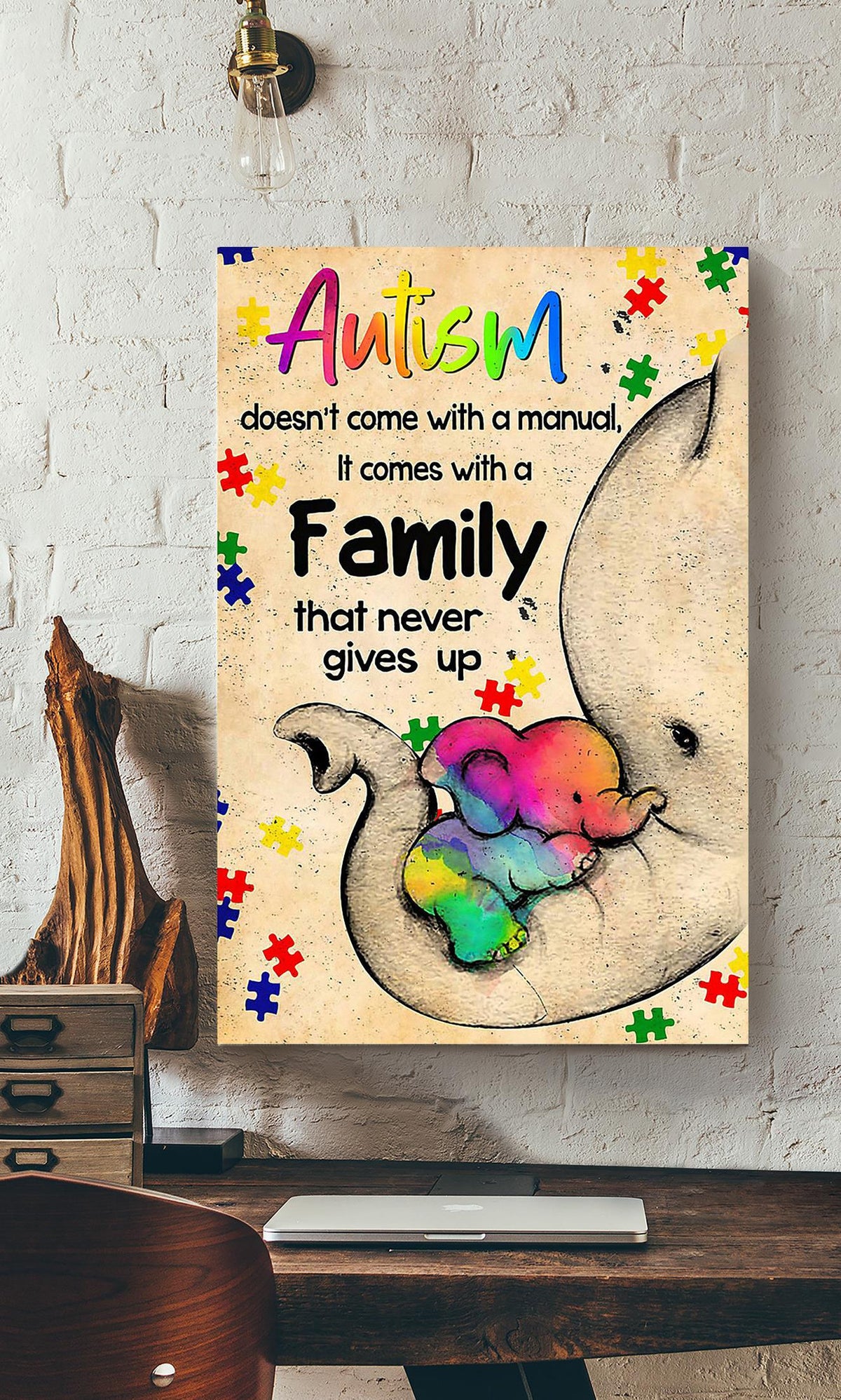 Autism Family Never Gives Up Motivation Quote Wall Art For Autism Awareness Canvas Gallery Wrapped Canvas Framed Gift Idea Framed Prints, Canvas