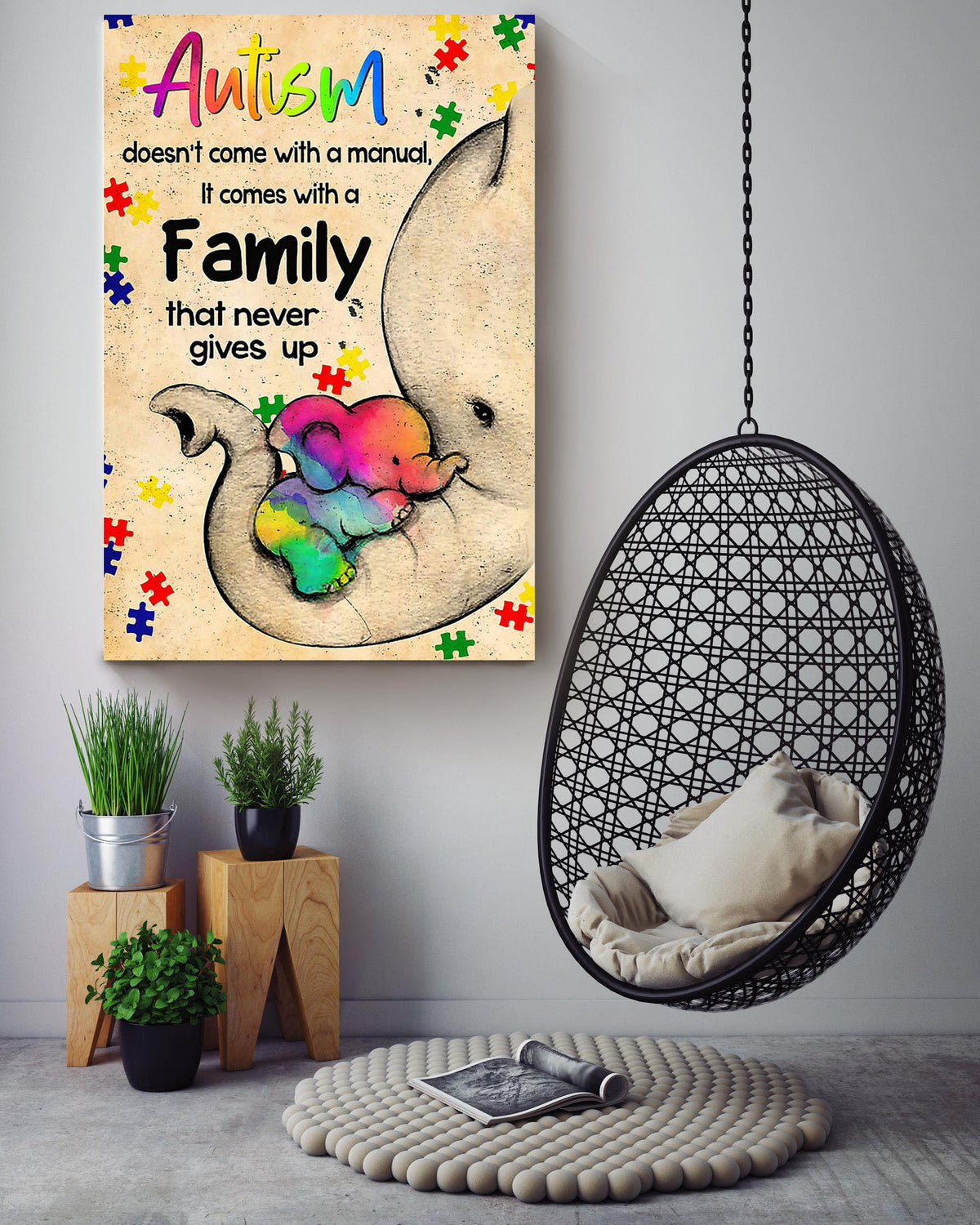 Autism Family Never Gives Up Motivation Quote Wall Art For Autism Awareness Canvas Gallery Wrapped Canvas Framed Gift Idea Framed Prints, Canvas