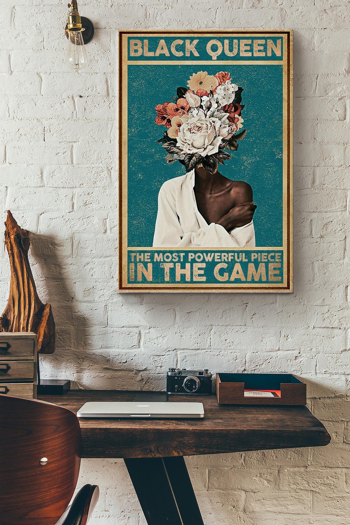 Black Queen The Most Powerful Piece In Game Flowers Poster - Decor Wall Art - Gift For Black Girl Black Women Womens Day Black People Canvas Gallery Wrapped Canvas Framed Gift Idea Framed Prints, Canvas